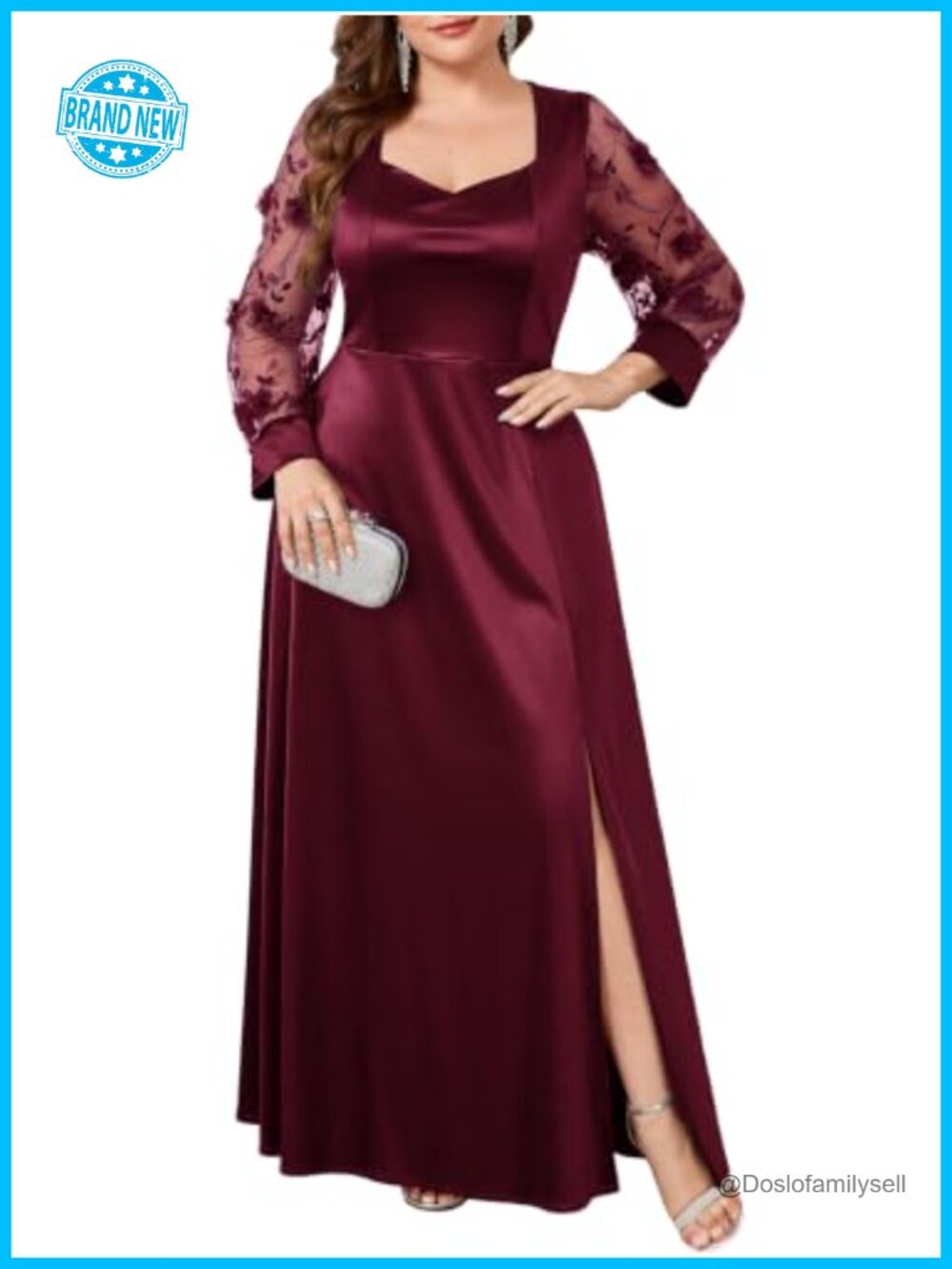 Plus Size Satin Formal Maxi Dress 3D Floral Square Neck Long Sleeve Gown